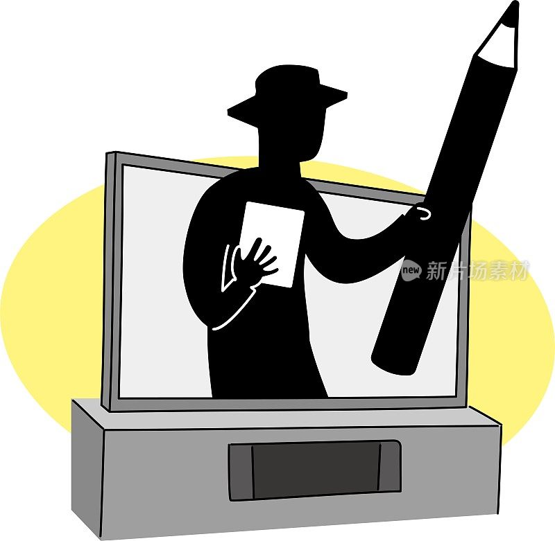 一个男人的剪影从电视屏幕上跳出来，用大铅笔/插图材料解释(矢量插图)